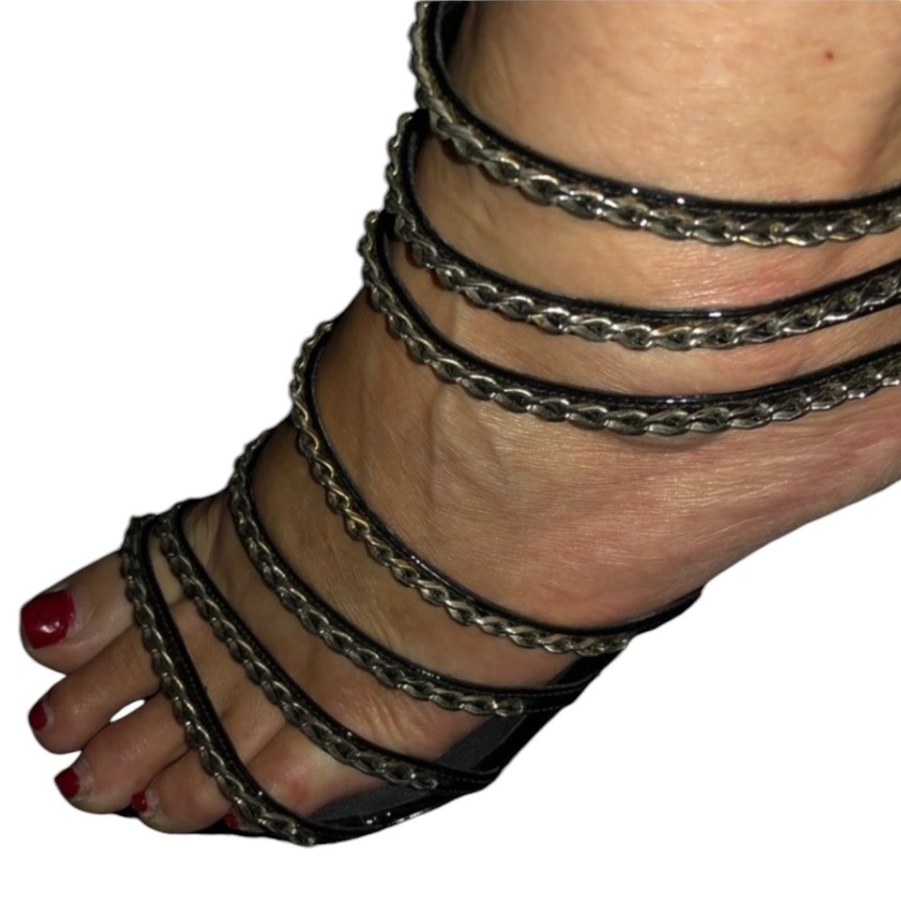 Stuart Weitzman size 10.5
black leather silver chain strappy heels back zip - Picture 4 of 14